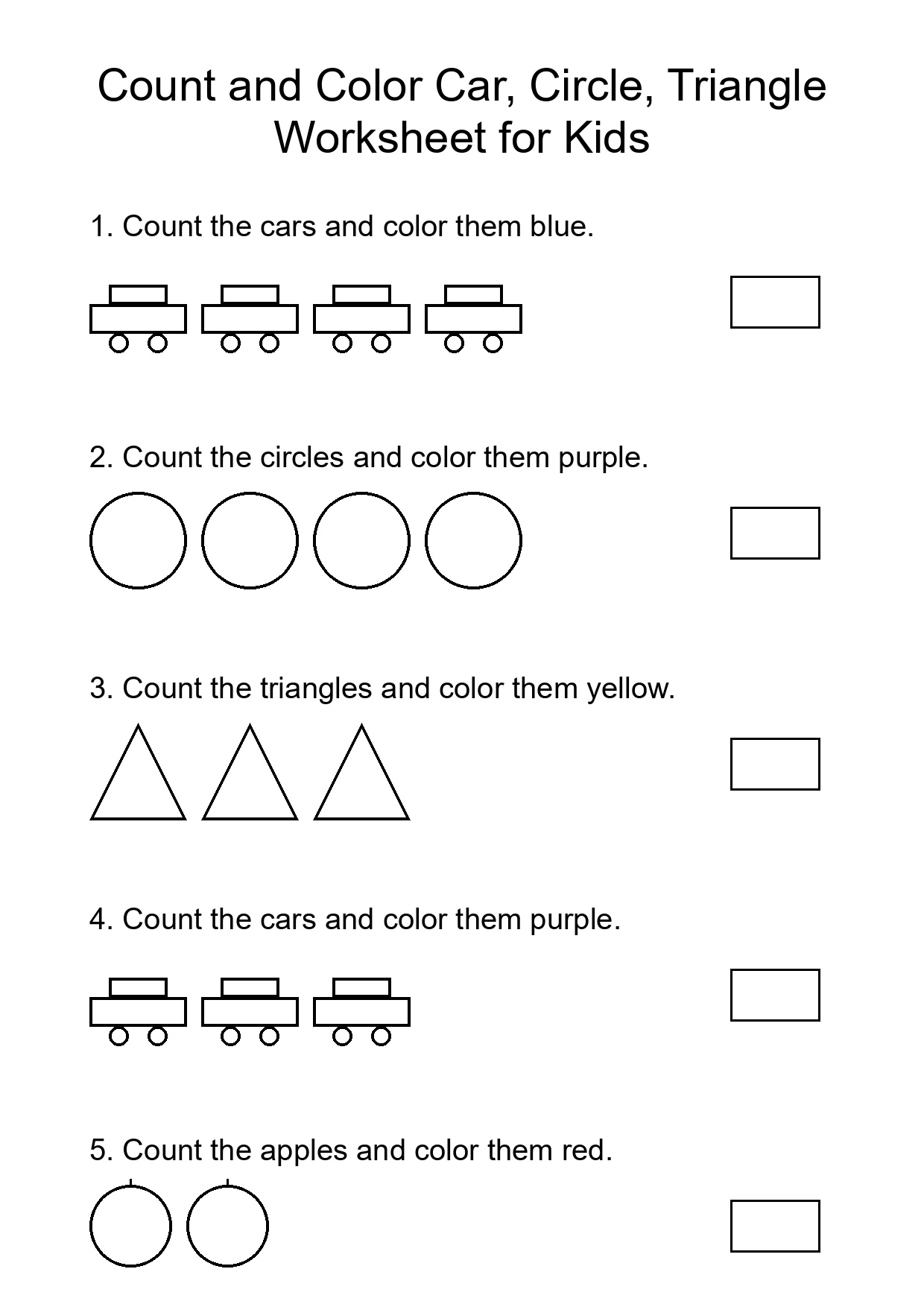 Count and Color Car, Circle, Triangle Worksheet for Kids