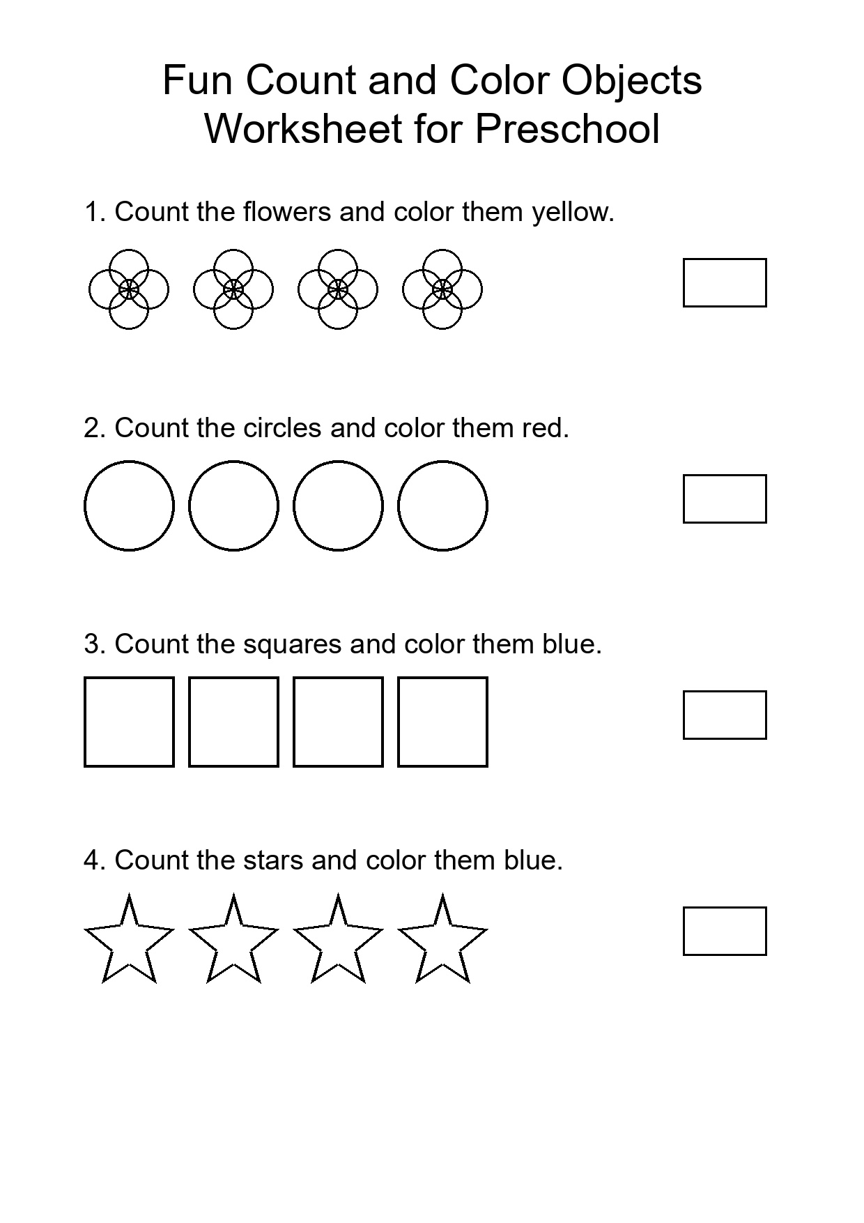 Fun Count and Color Objects Worksheet for Preschool