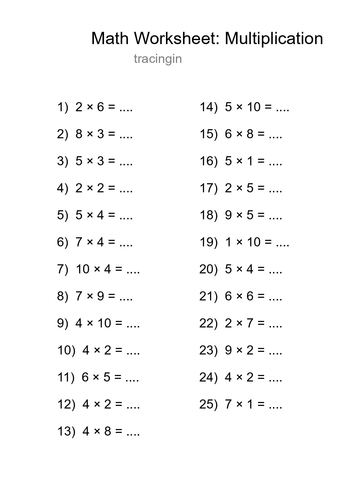 Grade 1 Multiplication Practice Worksheet (25 Problems) - Part 29