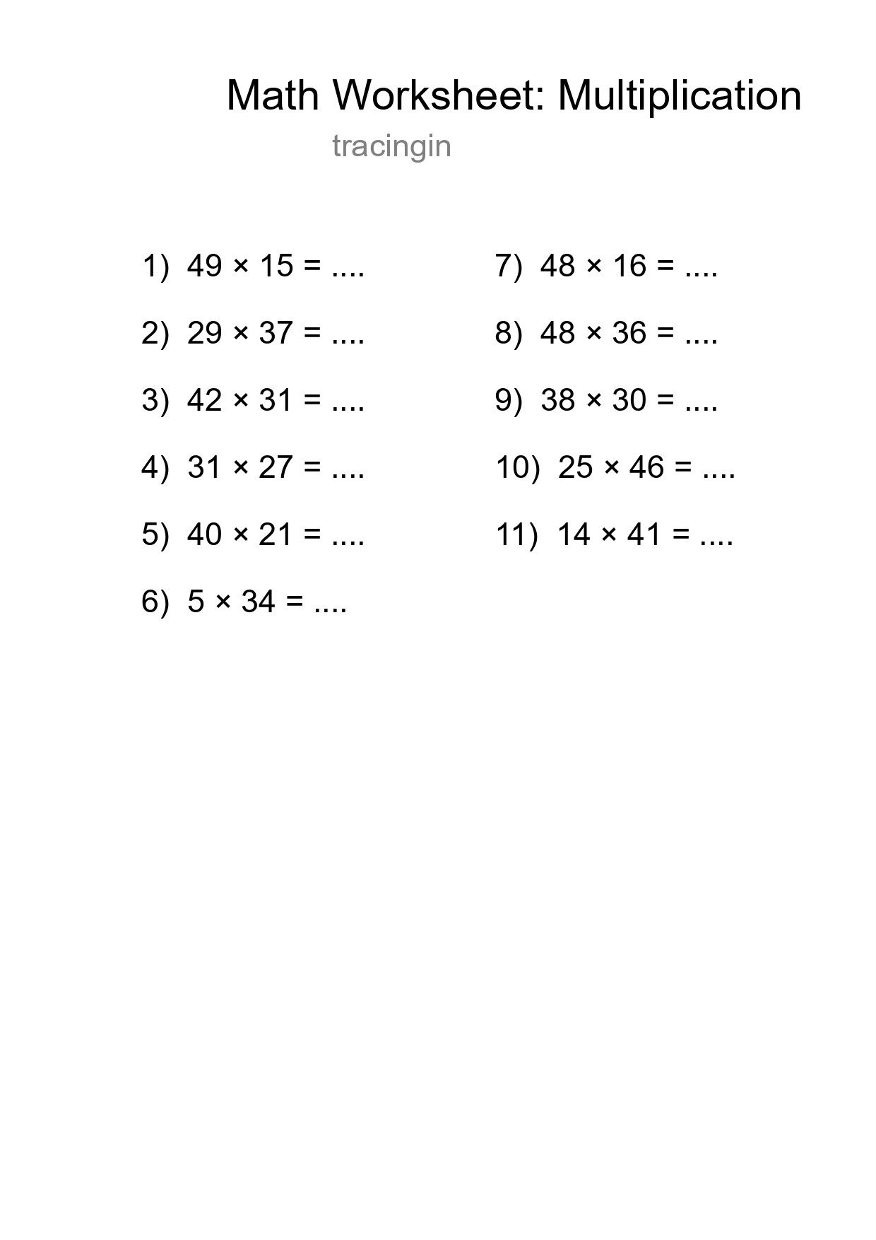 Grade 2 Multiplication Practice Worksheet (11 Problems) - Part 18