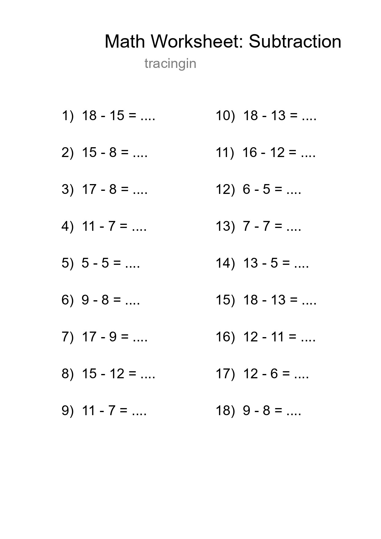 Grade 2 Subtraction Practice Worksheet (18 Problems) - Part 19