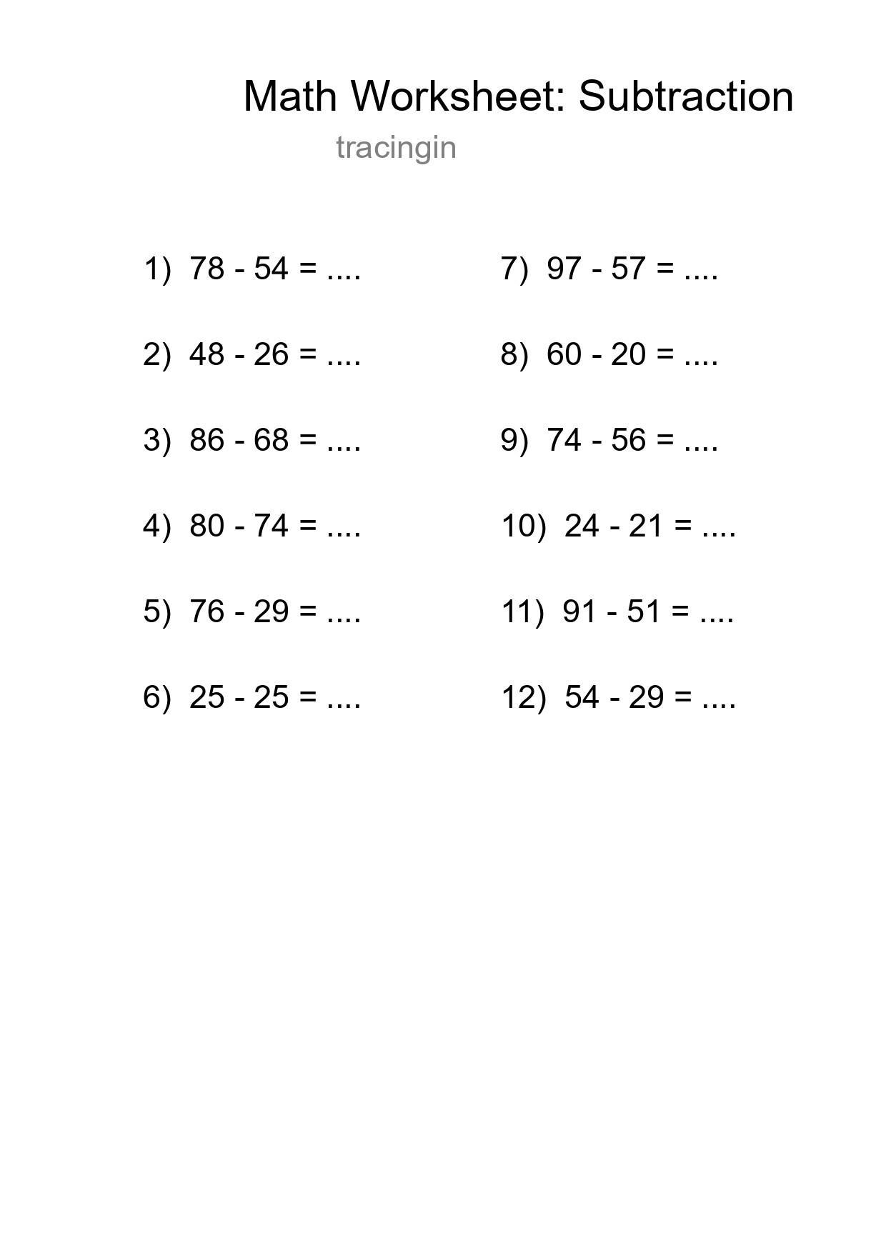 Grade 3 Subtraction Practice Worksheet (12 Problems) - Part 8