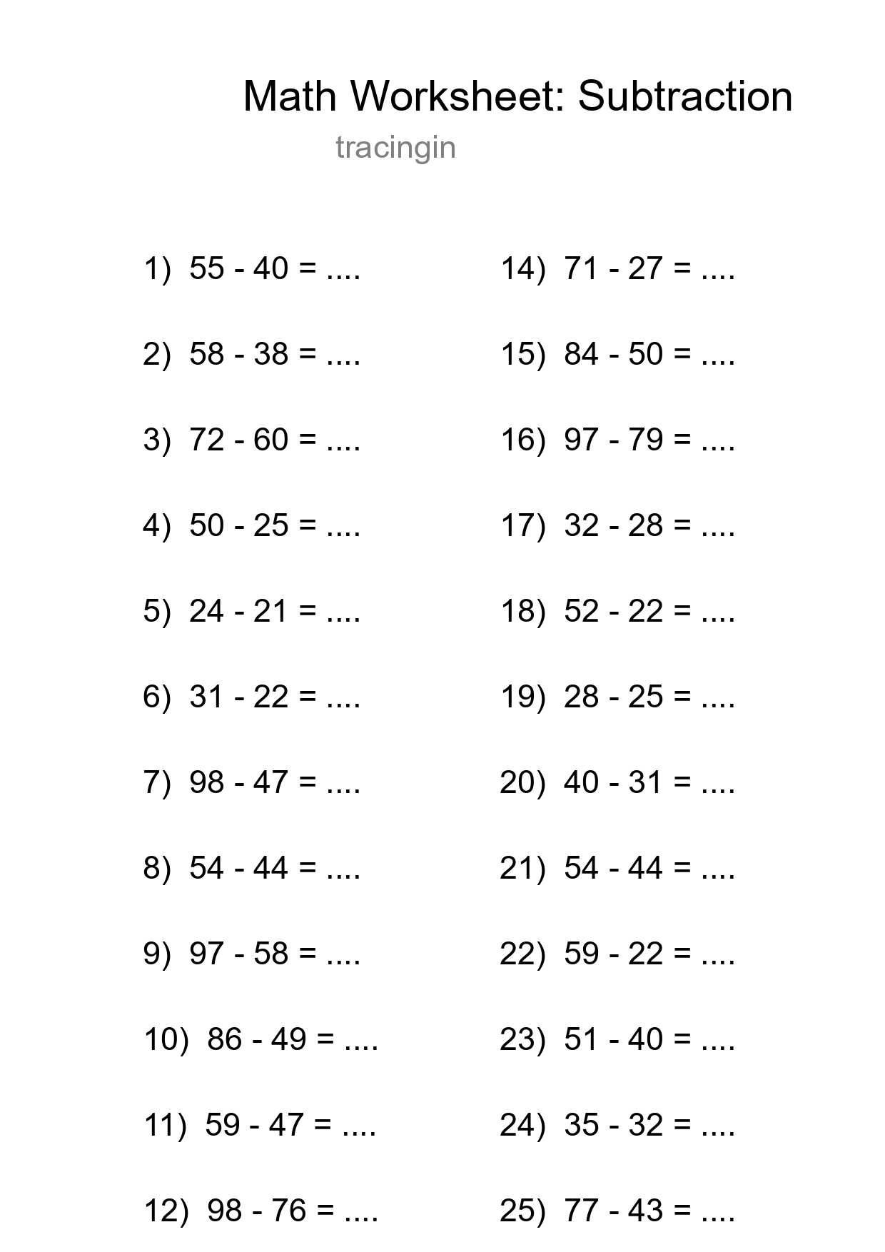 Grade 3 Subtraction Practice Worksheet (26 Problems) - Part 52