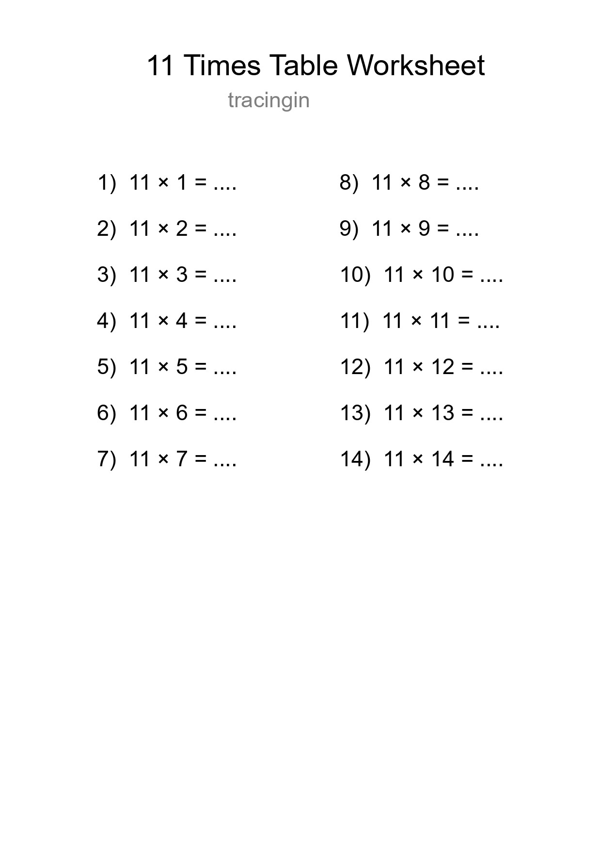 Grade 4 Multiplication Table 11 Practice - Part 20