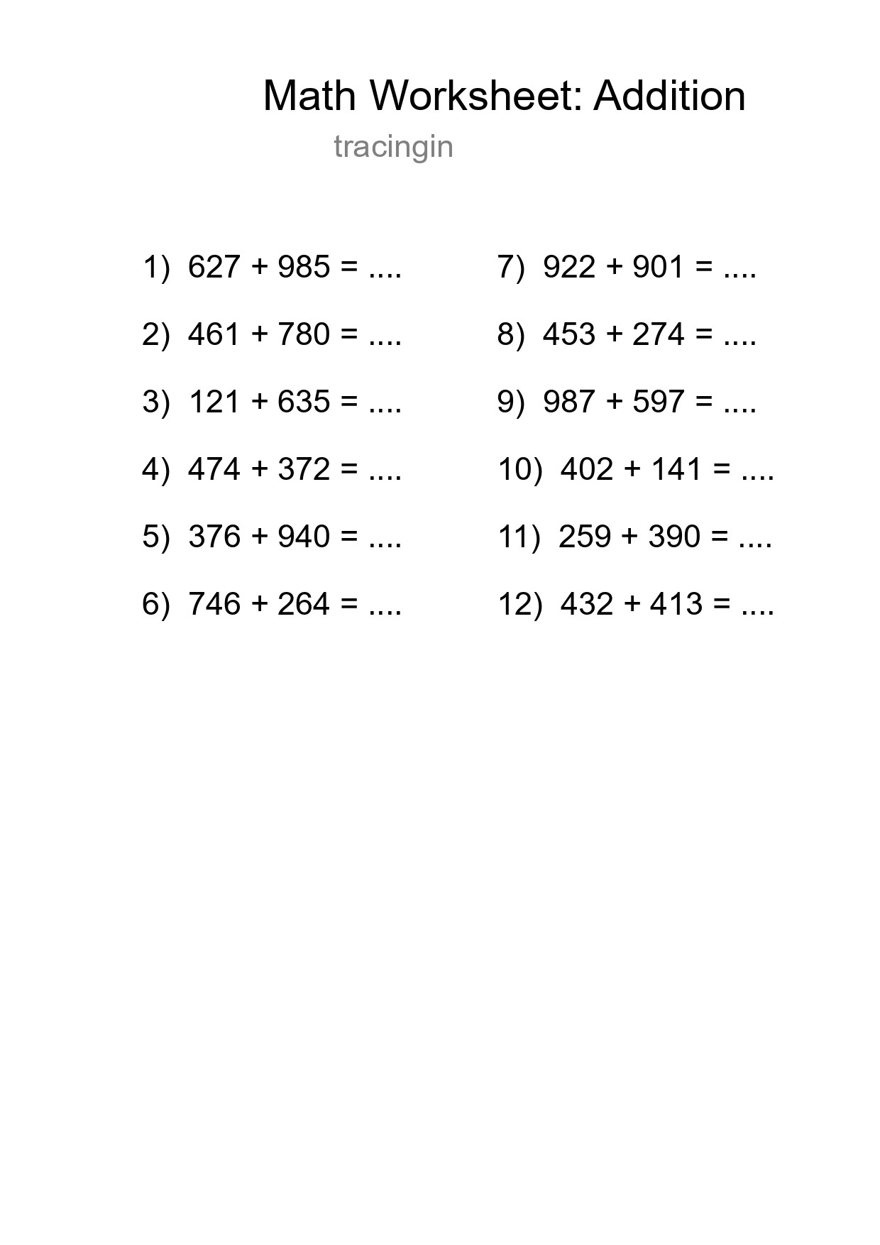 Grade 5 Addition Practice Worksheet (12 Problems)