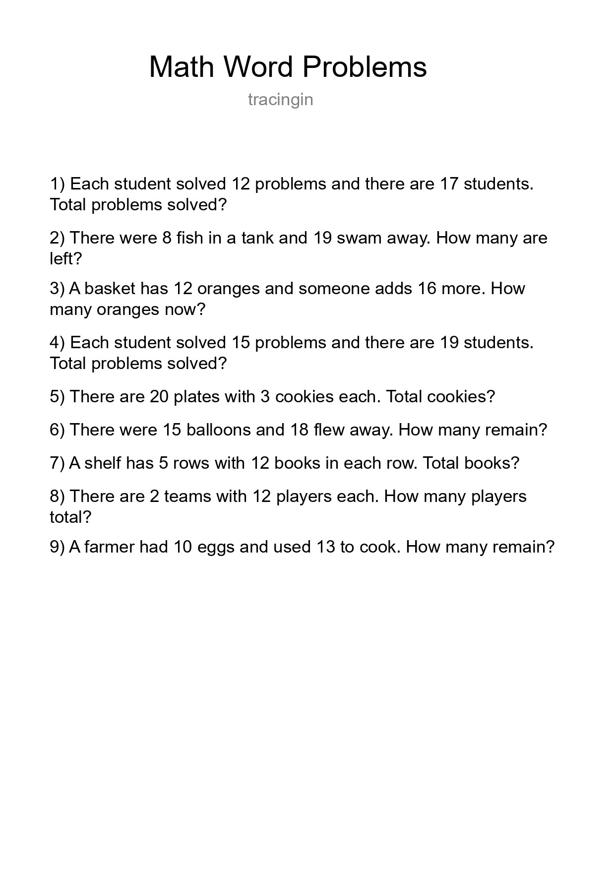Math Word Problem Worksheet