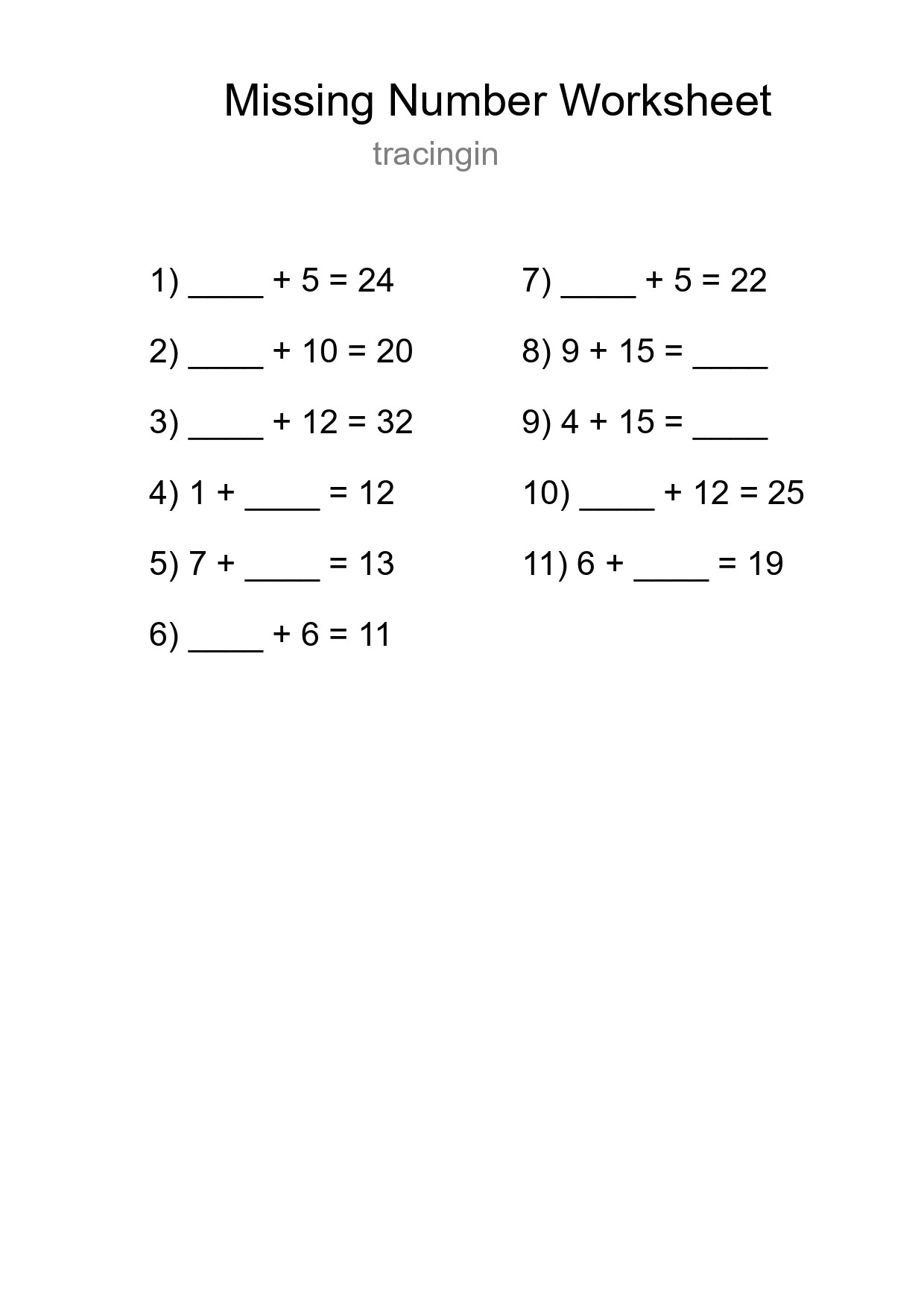 Missing Number Math Worksheet
