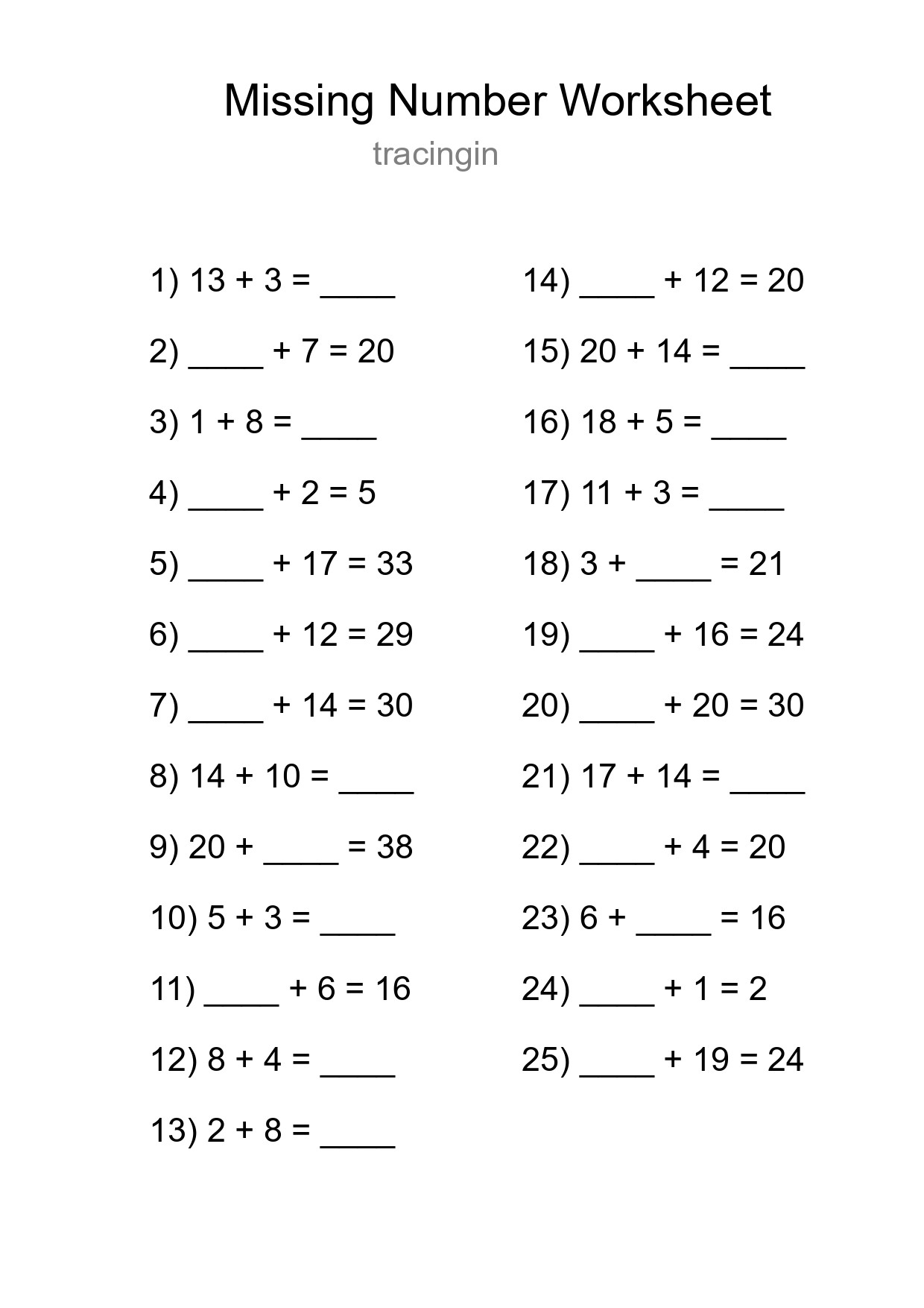 Missing Number Math Worksheet