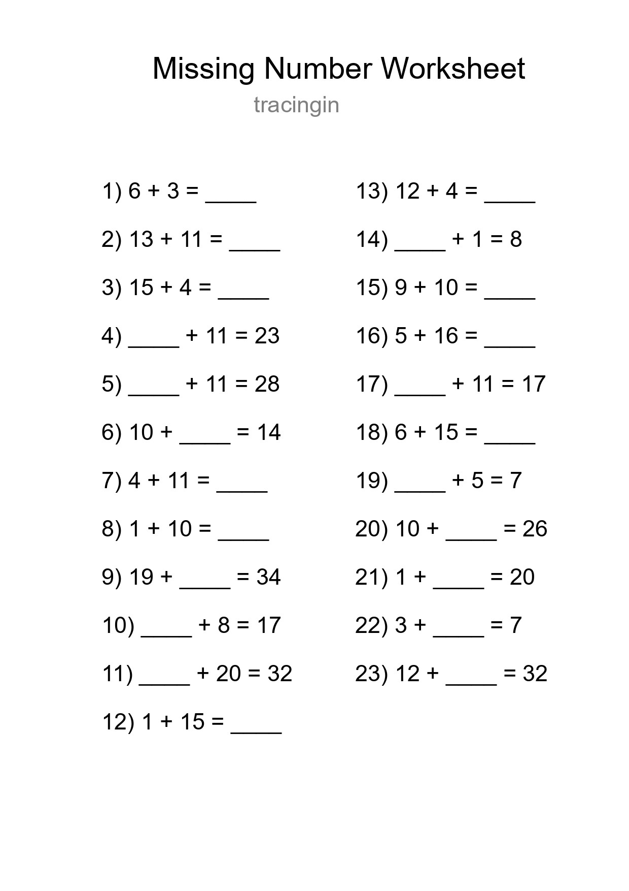 Missing Number Math Worksheet