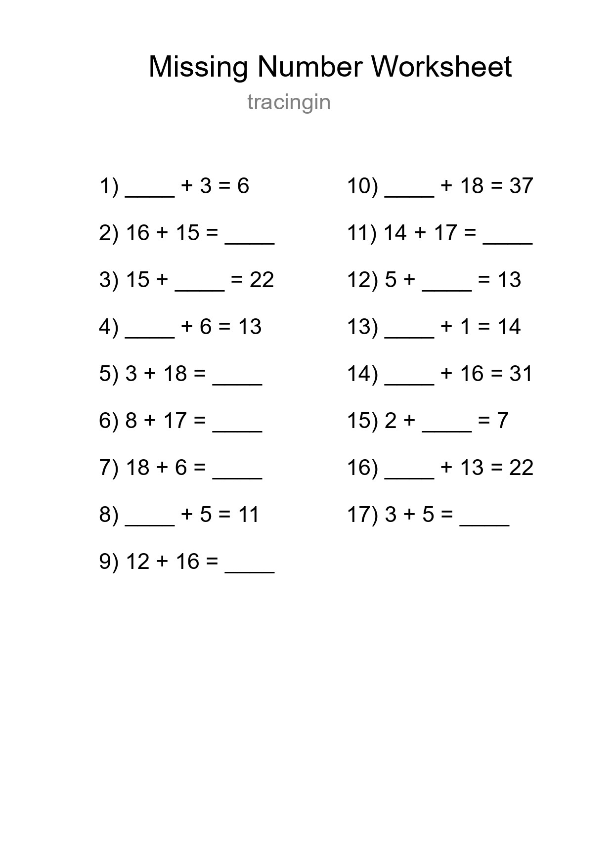 Missing Number Math Worksheet