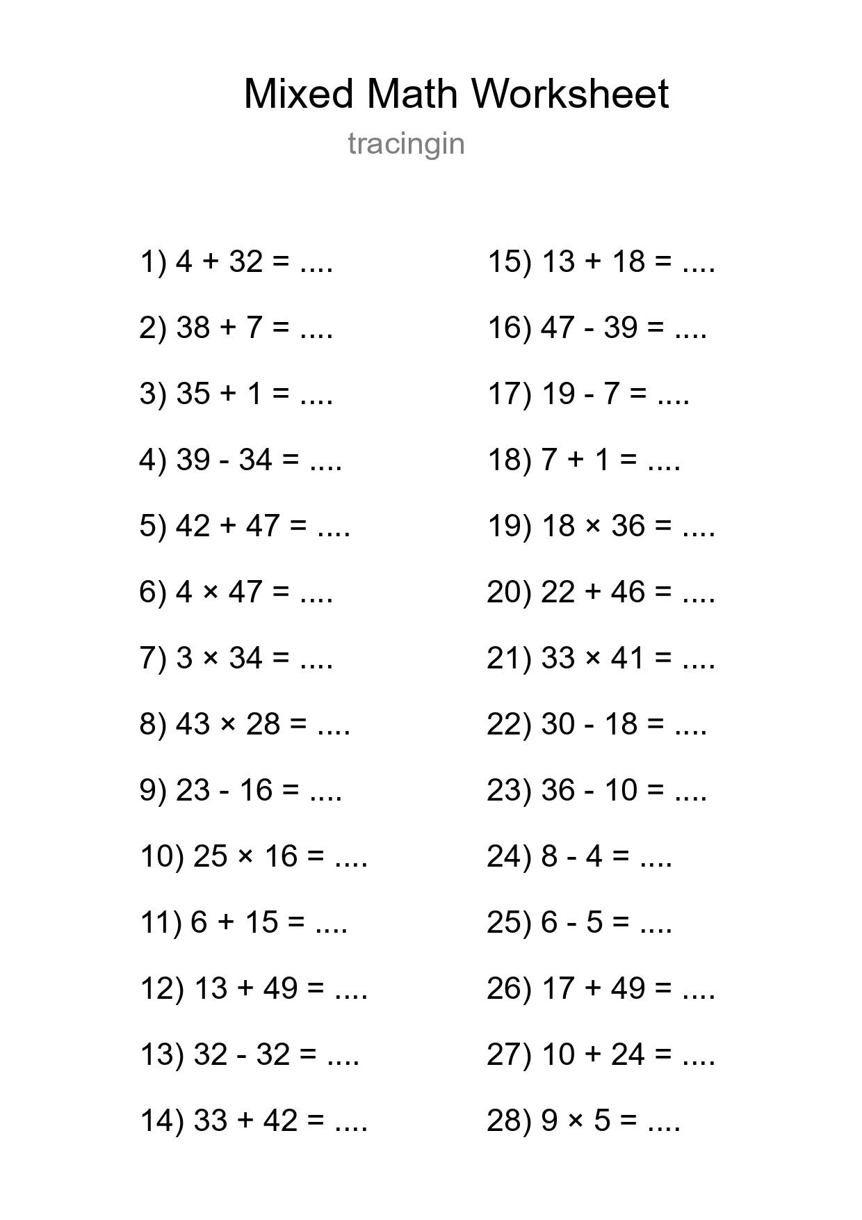 Mixed Operations Math Worksheet