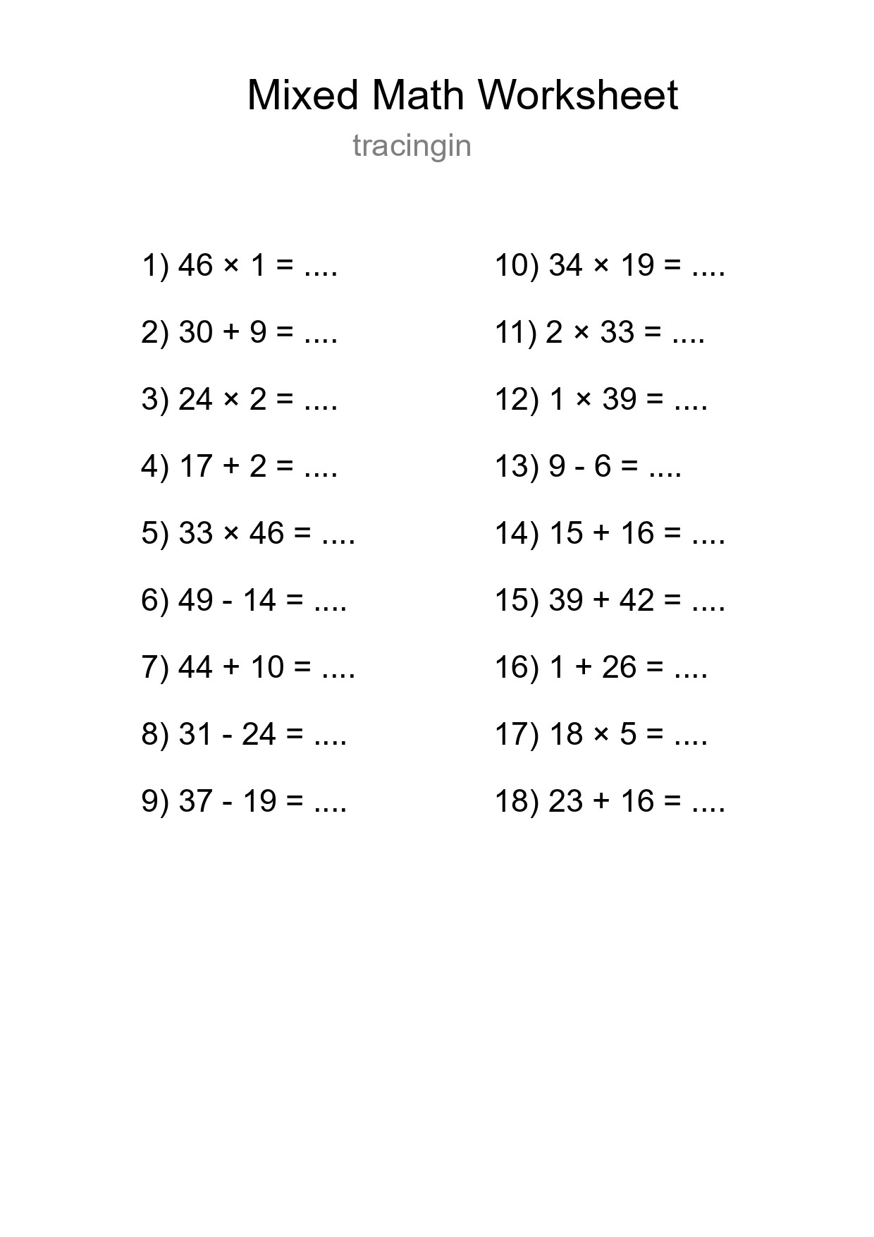 Mixed Operations Math Worksheet