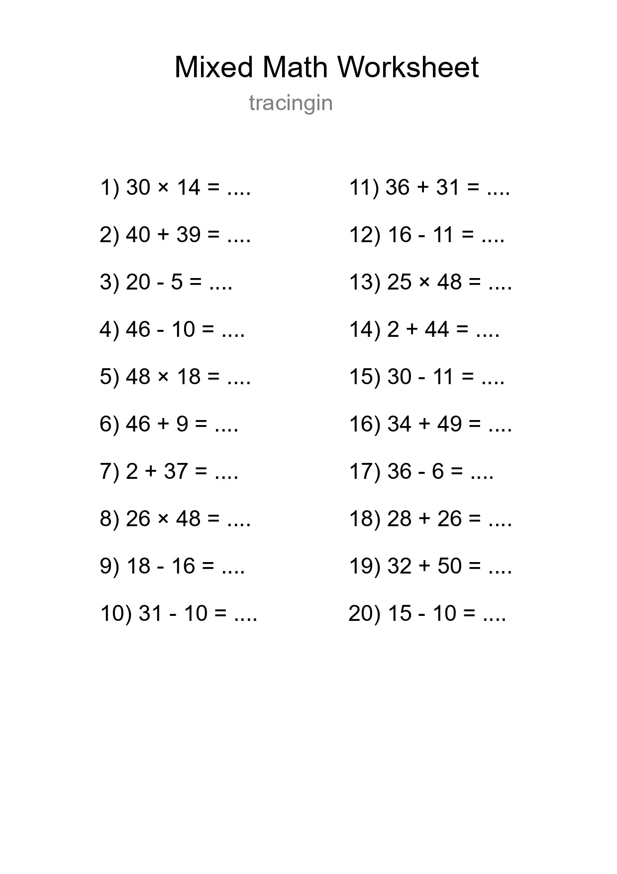 Mixed Operations Math Worksheet