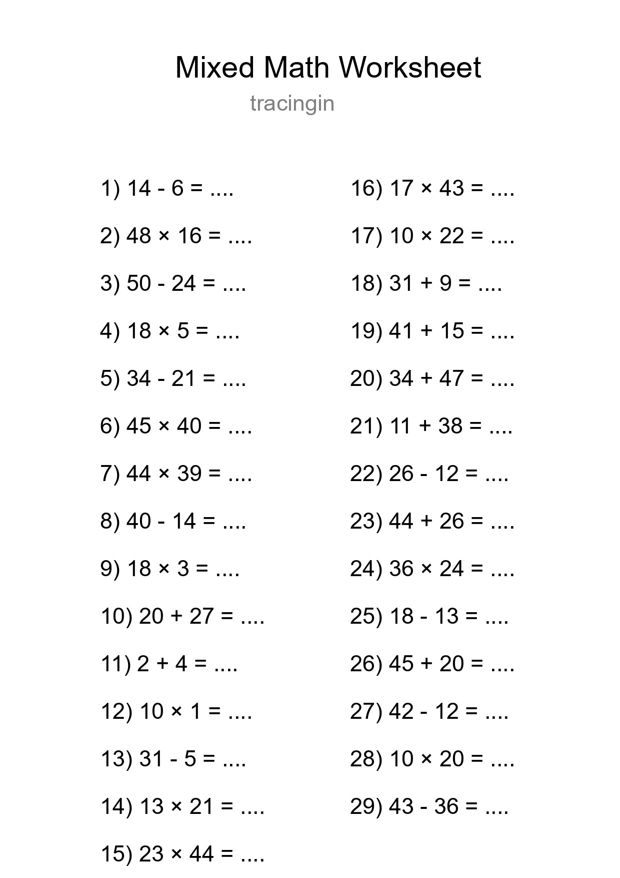 Mixed Operations Math Worksheet