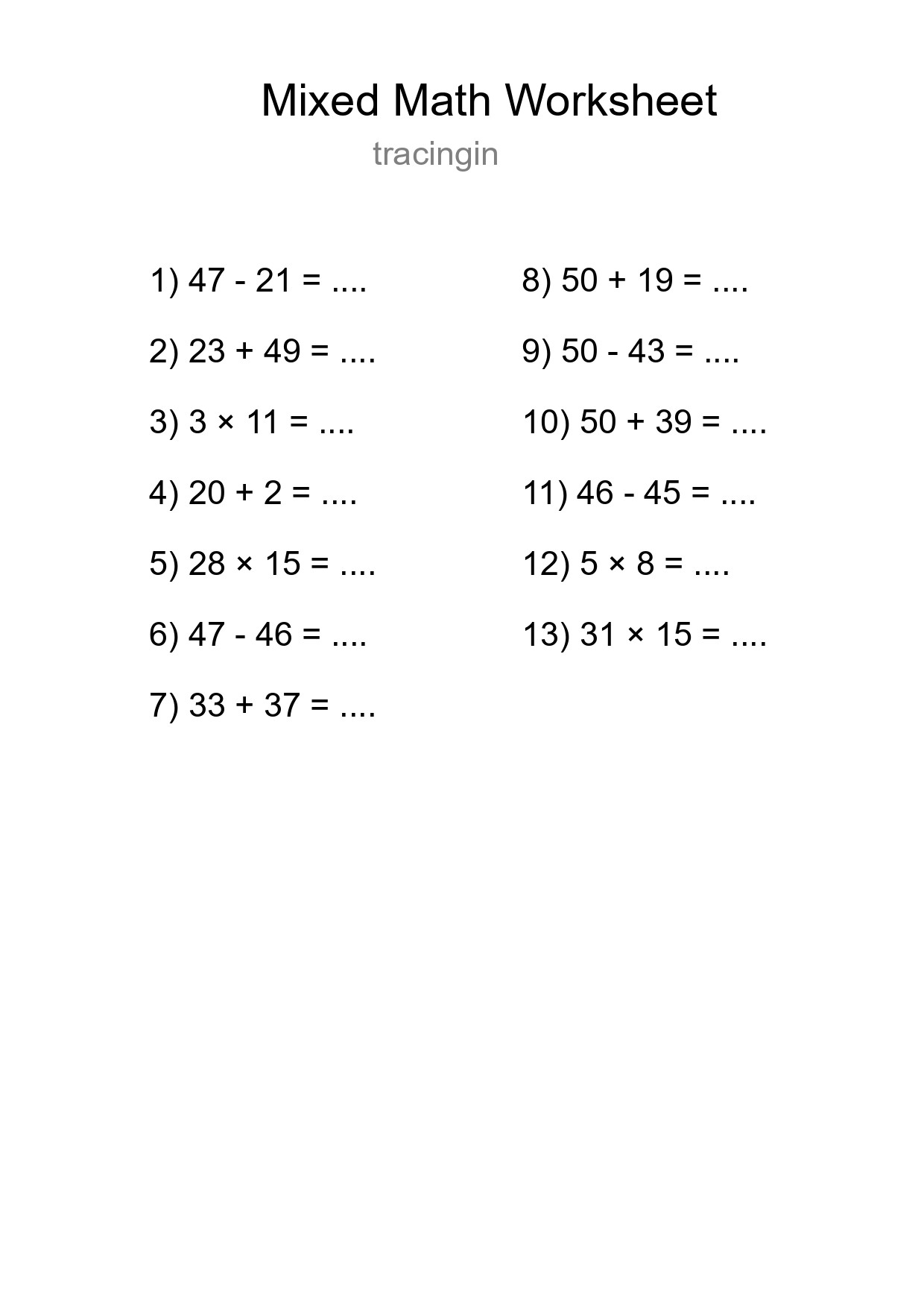 Mixed Operations Math Worksheet
