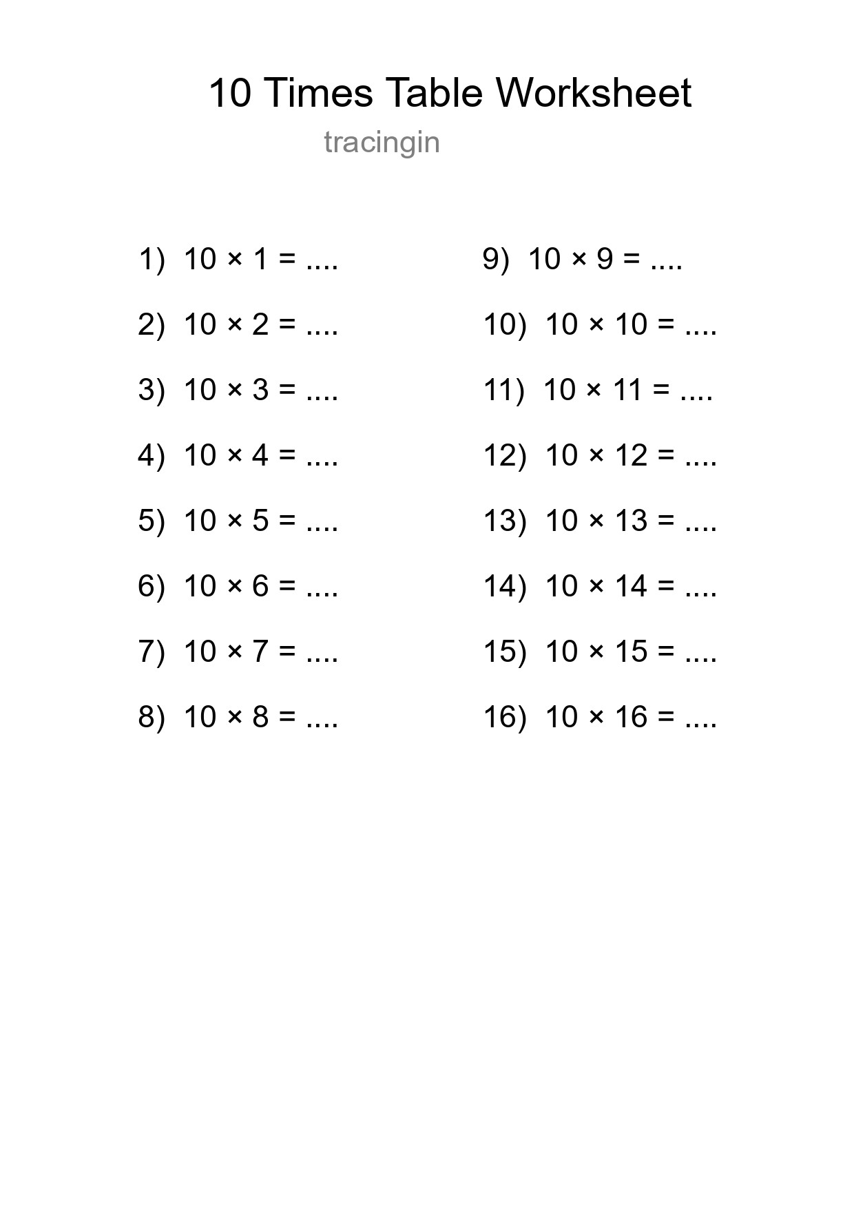 Printable 10 Times Table Worksheet For Grade 3 - Part 42
