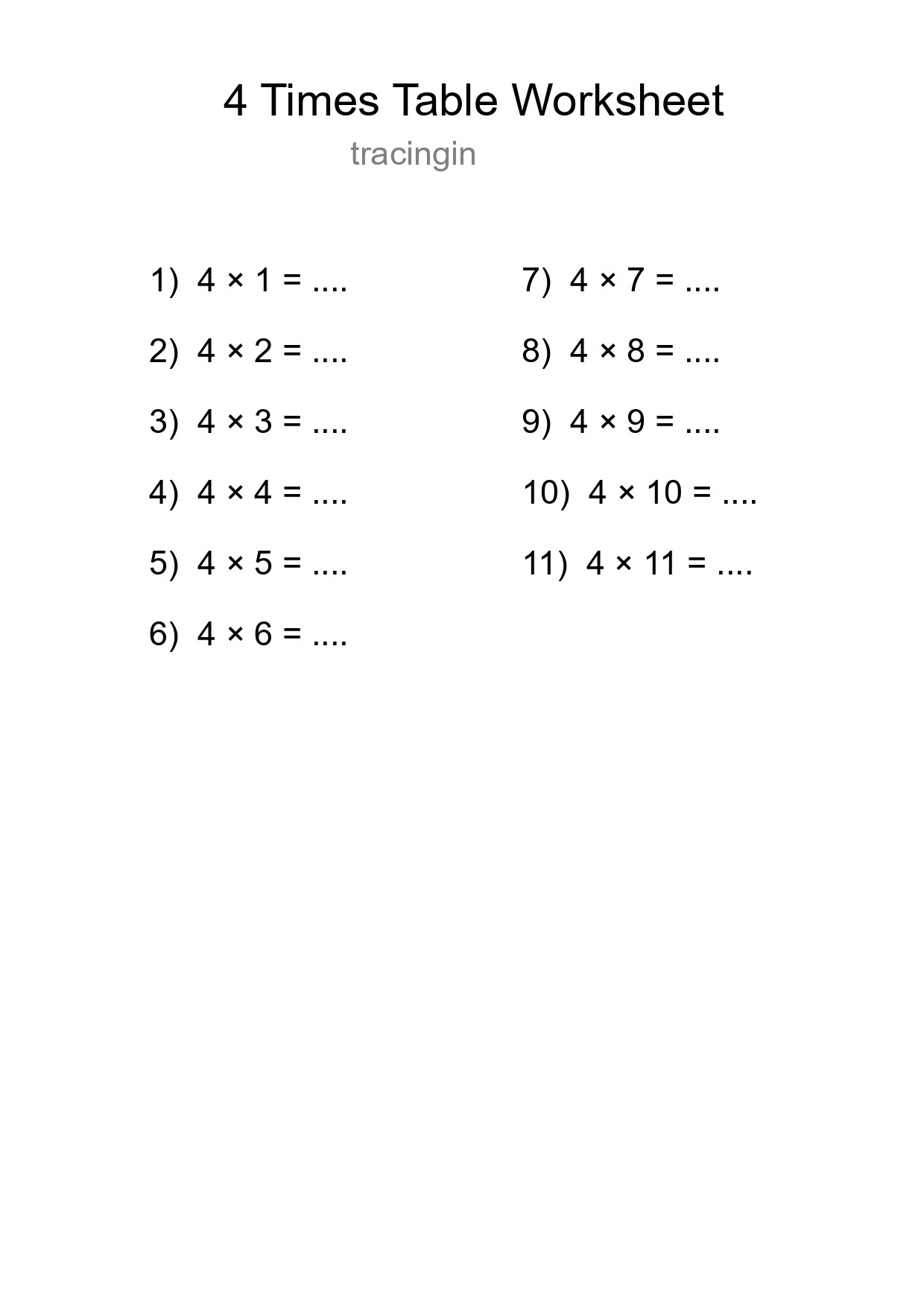Printable 4 Times Table Worksheet For Grade 2 - Part 9