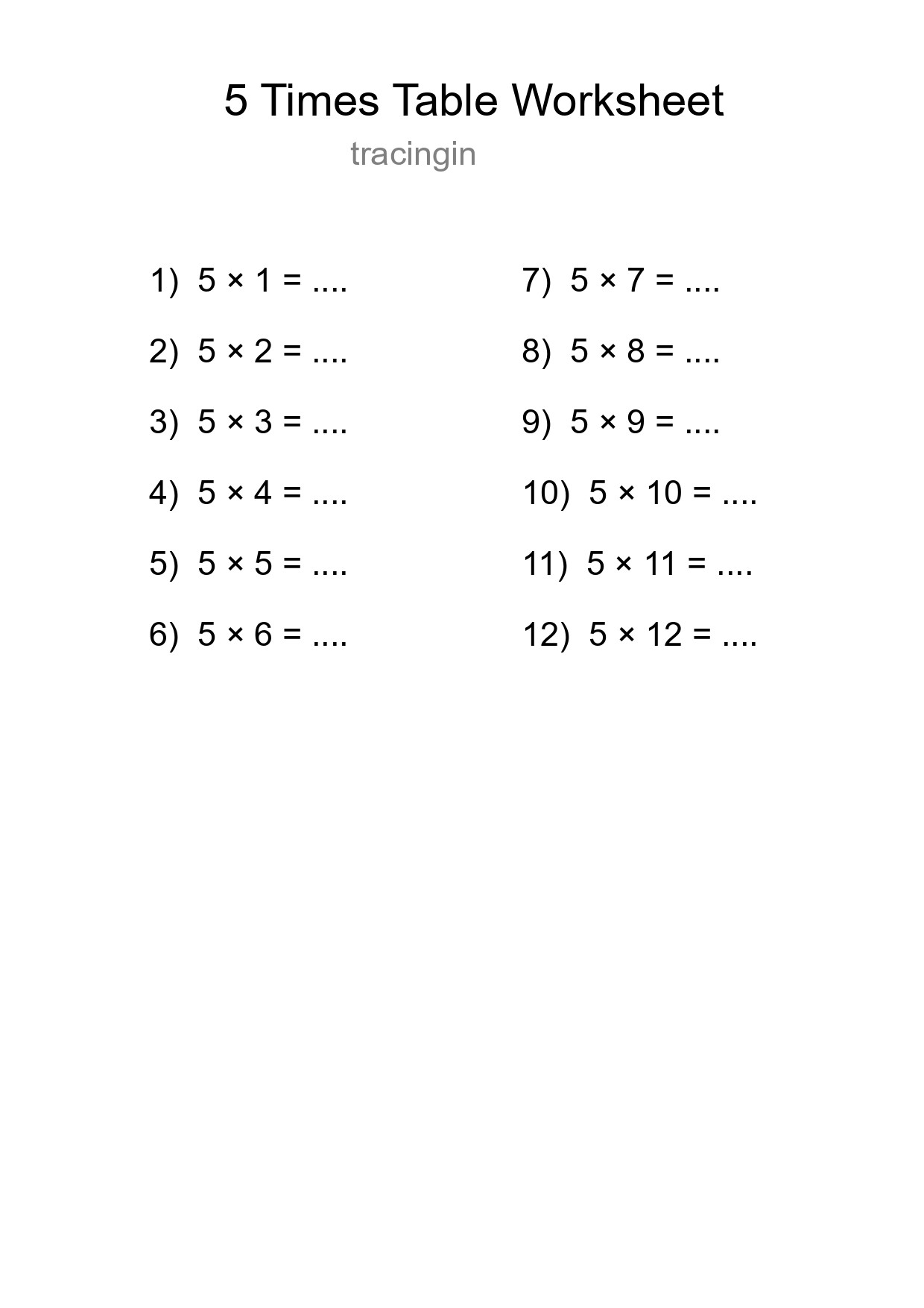 Printable 5 Times Table Worksheet For Grade 2 - Part 53