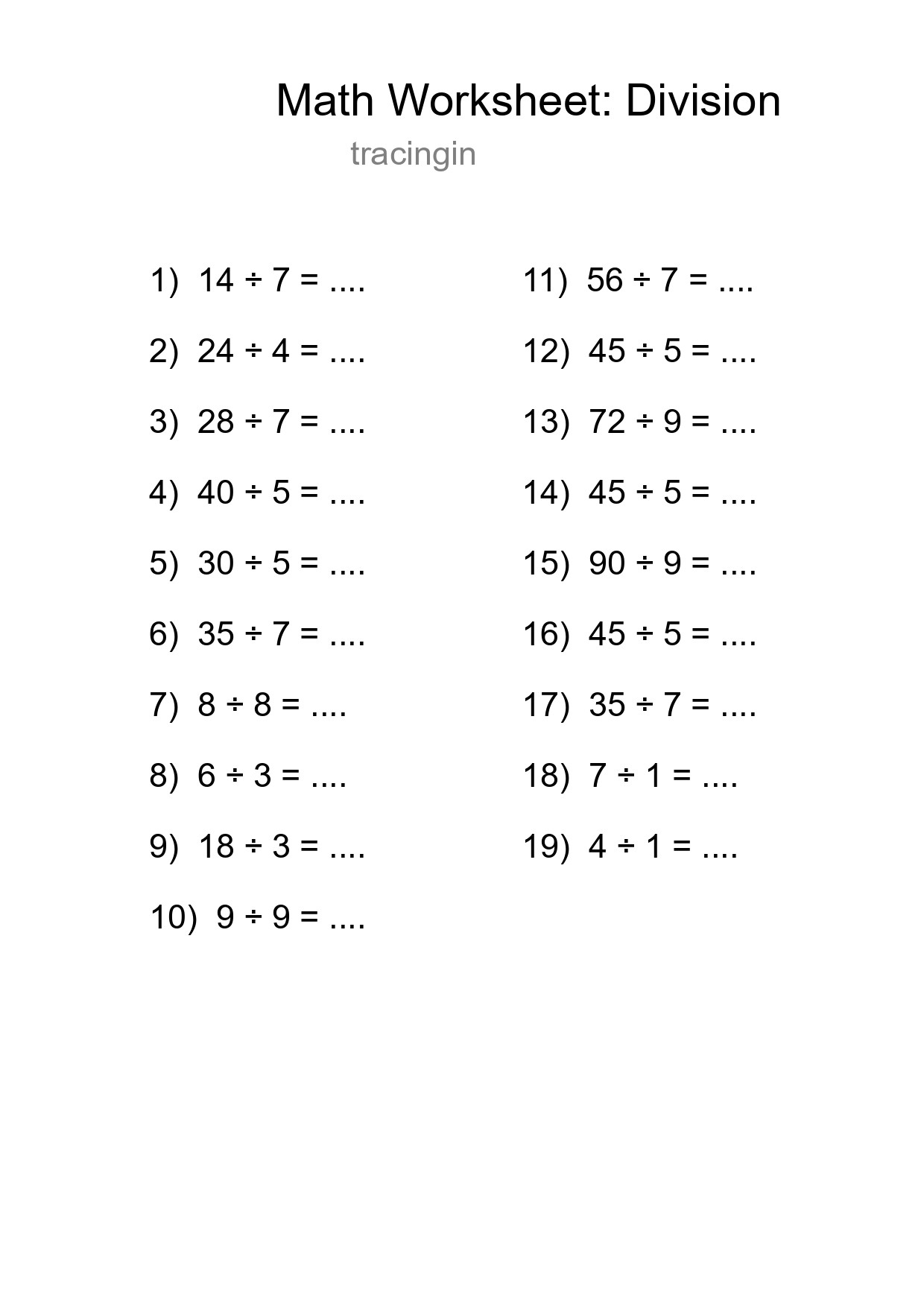 Printable Free 19 Division Math Worksheet For Grade 1 - Part 37