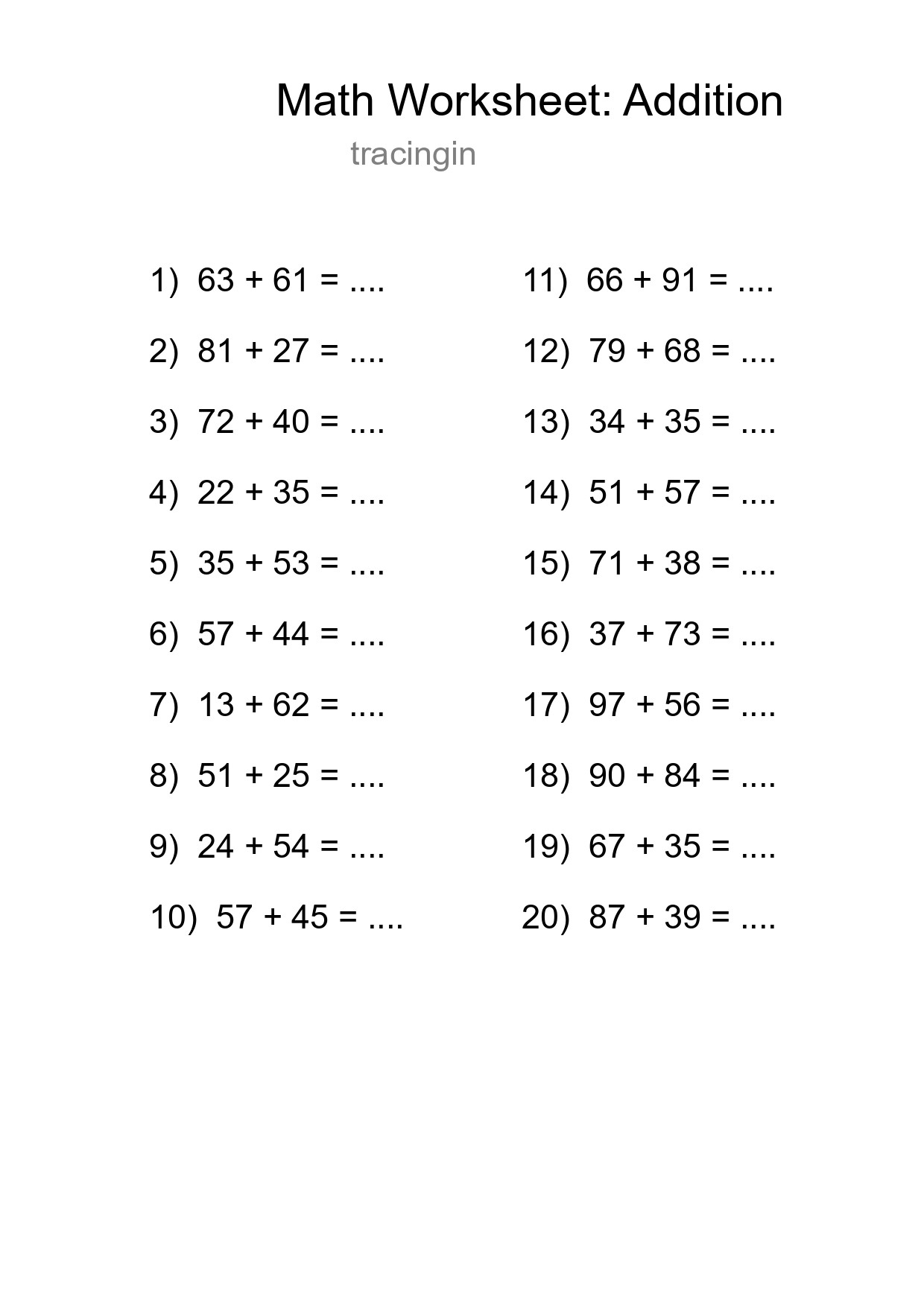 Printable Free 20 Addition Math Worksheet For Grade 3 - Part 34