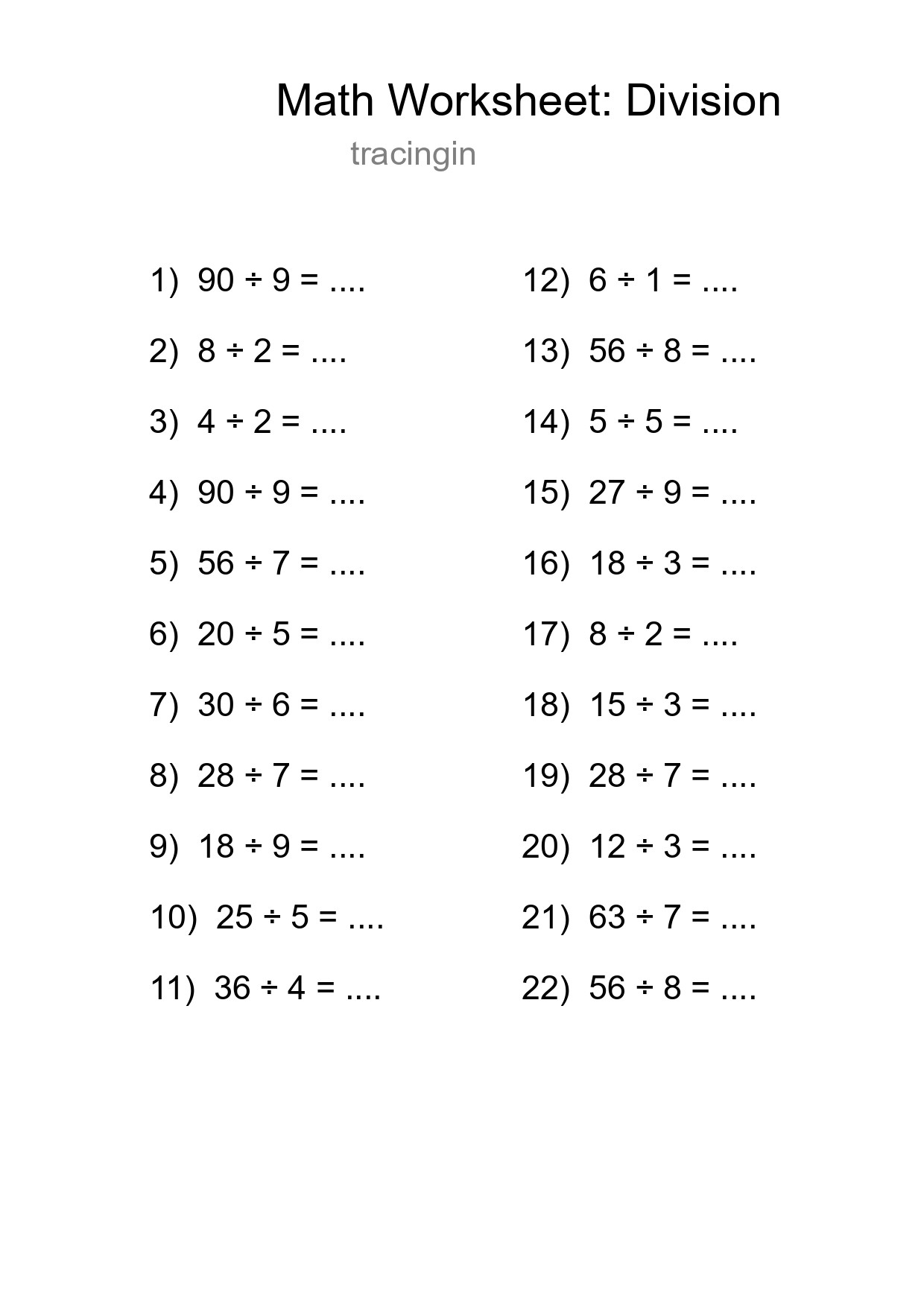 Printable Free 22 Division Math Worksheet For Grade 1 - Part 26